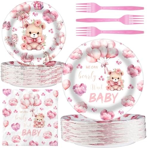 40 Guests We Can Bearly Wait Baby Shower Plates – Pink Teddy Bear Plates and Napkins Set for Girl Baby Shower Decorations by BonBeeDesign