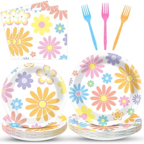 96PCS Boho Pastel Party Paper Plates and Napkins for Groovy Daisy Retro Boho Party Dessert Cake Plates Disposable Tableware Supplies for Baby Shower Birthday Wedding Seasonal Holiday Decorations by Oitnlaughter