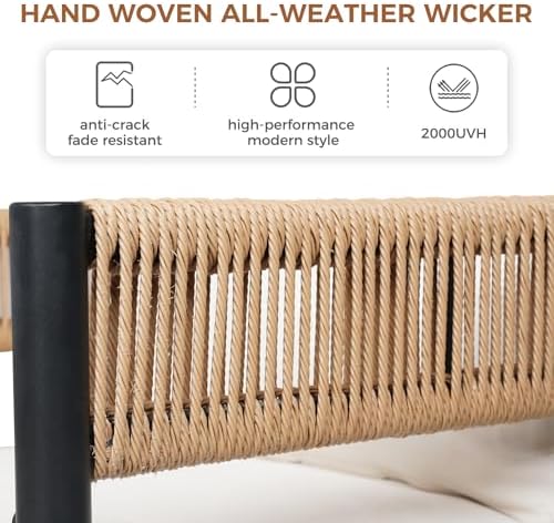 Grand patio Outdoor Dining Set, 7-Piece Patio Table and Chairs Set, Metal Woven Wicker Fixed Patio Chairs with Thickened Cushions & 1 Rectangular Woodgrain Dining Table with Umbrella Hole (Natural) - Image 6