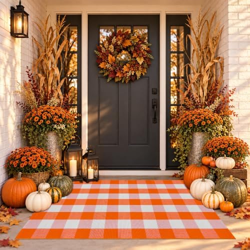 Orange and White Plaid Rug, 28'' x 43'' Fall Front Door Decor Mat, Cotton Washable Hand-Woven Door mat for Layered Doormat, Autumn Halloween Thanksgiving Carpet for Porch, Entryway - Image 6