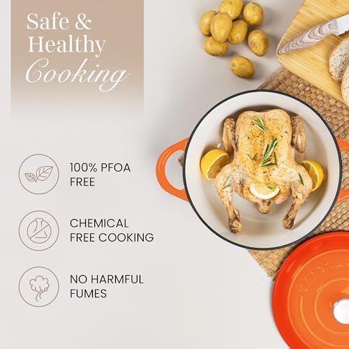 Nuovva Enamelled Cast Iron Dutch Oven Pot with Lid-6.4 Quart Non Stick Casserole Pot-Heavy Duty & Oven Safe up to 500° F for Bread Baking, Braising, Stews, Roasting - 28cm Orange - Image 4
