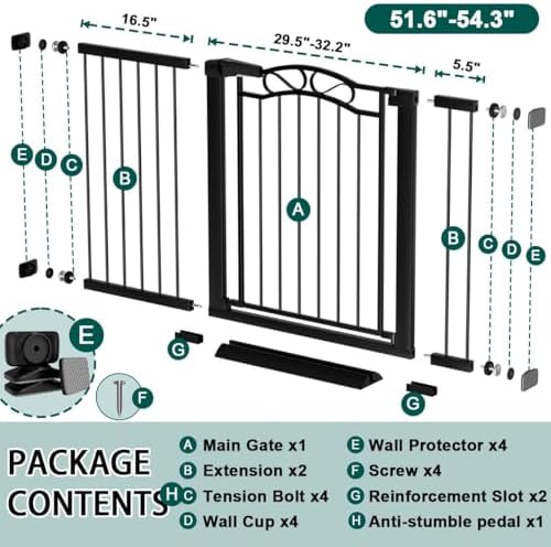 Fairy Baby 51.6"-54.3" Extra Wide Baby Gate with Door, 52 53 54 Inches Walk THR Baby Gates for Stairs Pressure Mounted no Drill, Indoor Tension Metal Child Pet Dog Safety Gate for Kids, Black - Image 2