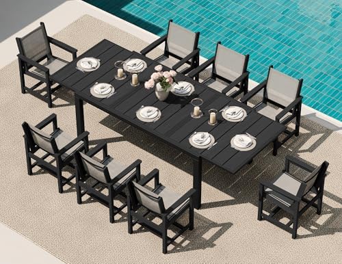 SERWALL HDPE Outdoor Dining Set for 8 with Textilene Chairs, Black by SERWALL