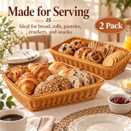2 Pack Wicker Bread Baskets, 14 Inch Rectangular Serving Trays - Image 5