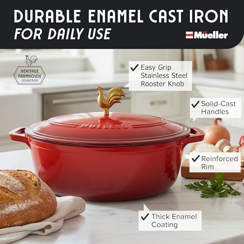 MUELLER HOME 5.5 Quart Enameled Cast Iron Oval Dutch Oven w Rooster Knob & Cotton Potholders, Heavy-Duty Cookware, Oven-Safe up to 500° F & Across All Cooktops, Gifts for Grandma & Women, Red - Image 2