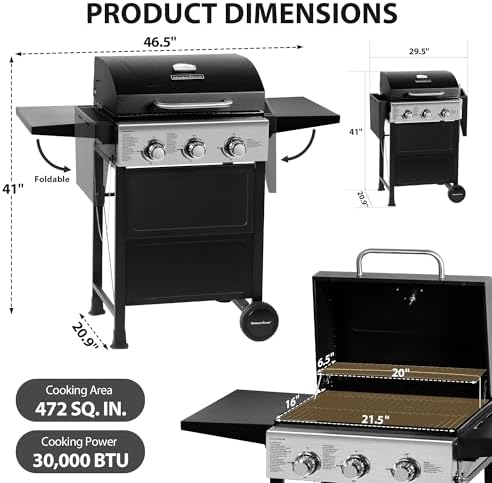 MASTER COOK 3 Burner BBQ Propane Gas Grill, 472 Sq. In. Cooking Area, 30,000 BTU Stainless Steel Barbecue Grill with Two Foldable Shelves for Outdoor Patio, Backyard - Image 3