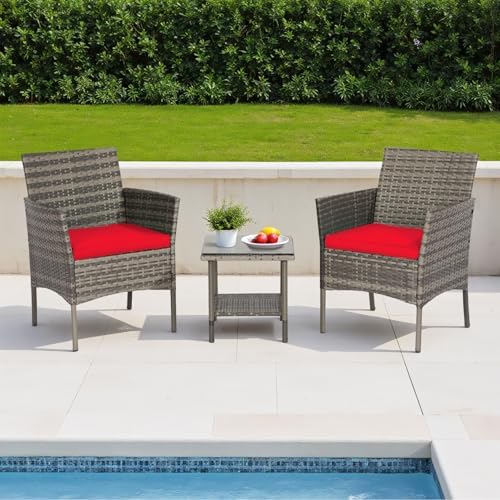 FDW 3-Piece Patio Furniture Set | Gray & Red | Outdoor Wicker Furniture - Image 2