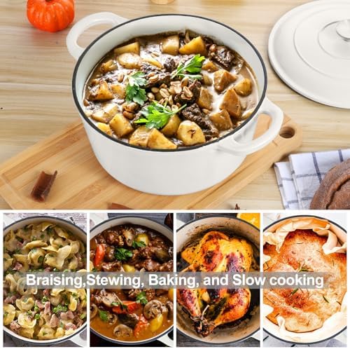 E-far 6 Quart Dutch Oven, Enameled Cast Iron Dutch Oven Pot with Lid, Nonstick Round Cookware for Braising/Stews/Roasting/Bread Baking/Cooking, Heavy Duty, Induction & Oven Safe - White - Image 5