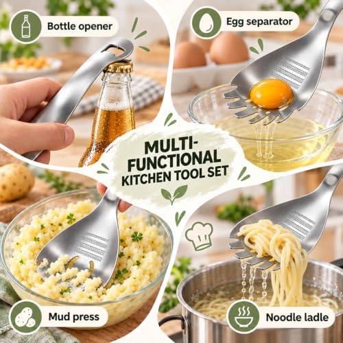5-in-1 Stainless Steel Cooking Spoon, Multipurpose Stainless Steel Kitchen Spoon, Egg Yolk Separator, Potato Garlic Masher, Grater Plate, Bottle Opener & Slotted Spoon - Image 6