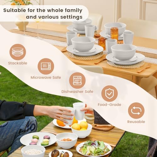 Homienly Wheat Straw Dinnerware Sets - 16 PCS Unbreakable Dinner Plates,Dessert Plates,Cereal Bowls,Drinking Cups,Dishes Sets for 4，Reusable Dishwasher & Microwave Safe for Kitchen - White - Image 6