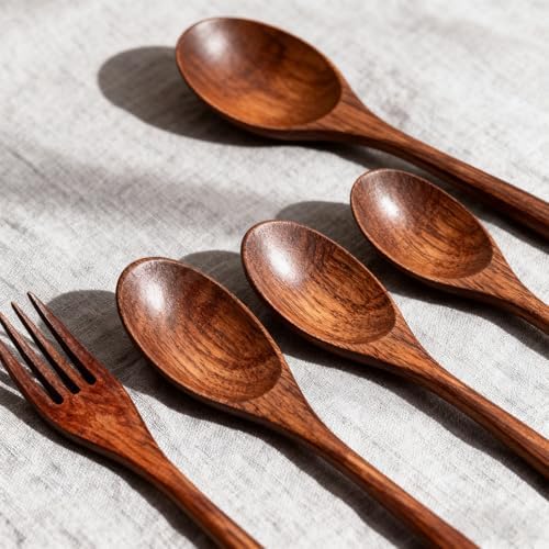 cobee Wooden Spoon and Fork for Eating,8Pcs Wood Dinner Utensil Set Handmade Reusable Kitchen Wooden Flatware Tableware Cutlery Set for Stirring Cooking Camping Party 9 Inch - Image 4