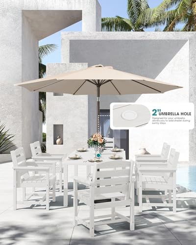 SERWALL 60" - 83" Expandable Outdoor Dining Table and 6 HDPE Chairs, White - Image 2