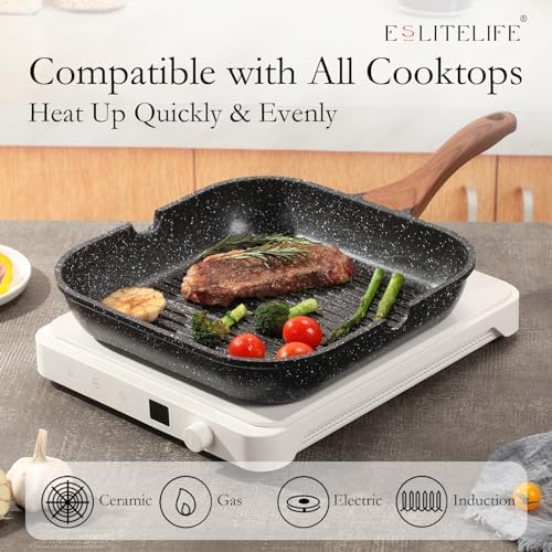 ESLITE LIFE Nonstick Grill Pan for Stove Tops, Versatile Griddle with Pour Spouts, 9.5 Inch Square Big Grilling Skillet Steak Pan for Indoor & Outdoor Cooking, PTFE & PFOA Free, Black - Image 4
