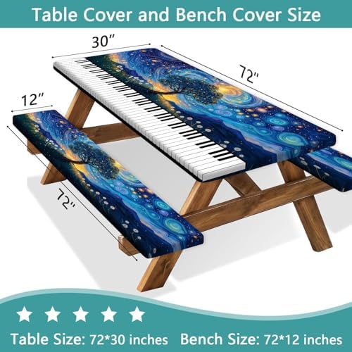 Piano Keyboard Picnic Table Cover with Bench Covers, Camping Essentials, Whirlpool Star Tree Flower Waterproof Windproof, Fitted Tablecloth Cover with Elastic Edge for Outdoor Garden 3 PCS 30x72 Inch - Image 3