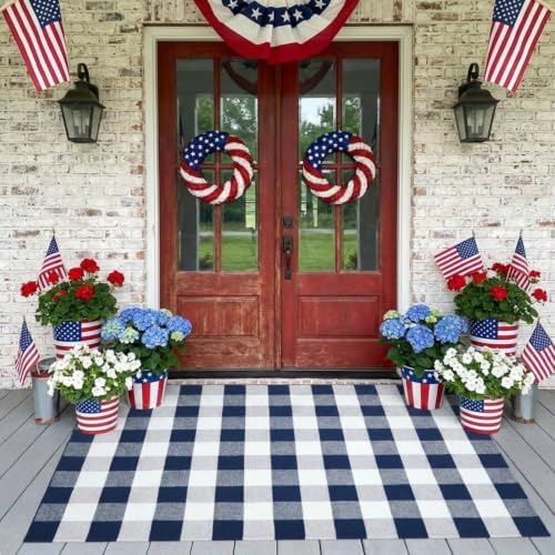 SEEKSEE Buffalo Plaid Rug 4' x 6' Navy Blue and White Large Front Door Mat, Layering Area Rug, Washable Rug for Outdoor Patio Entryway Indoor Living Room Kitchen Dining Room Decor - Image 3