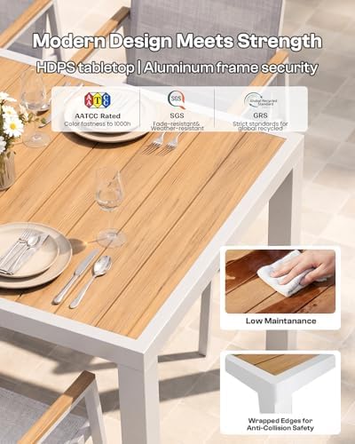 Outdoor Dining Set for 8, Aluminum Patio Table and Chairs Set, 10-Piece All Weather Patio Dining Furniture Set with Umbrella Hole for Backyard, Deck, Poolside (White-Teak) - Image 3