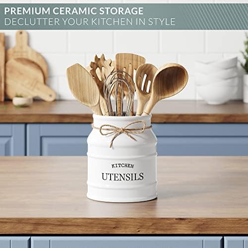 Barnyard Designs Ceramic Kitchen Utensil Holder Countertop 6.75″ (White) - Image 6