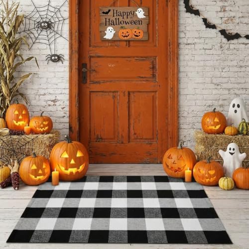 MUBIN Cotton Buffalo Plaid Rug, 27.5x43 Black and White Outdoor Rug Front Door Decorative Mat, Washable Doormat Foldable Area Rug Layered Door Mats Rug for Front Porch, Entryway, Patio - Image 3