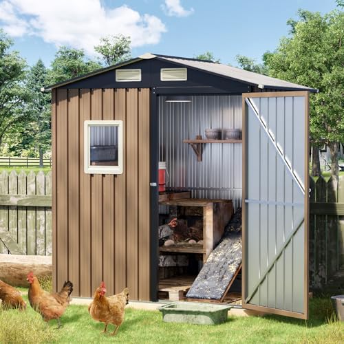 6x4 FT Outdoor Metal Storage Shed with Floor Frame, Single Door, 1 Clear Window, Tool Shed for Garden, Patio, Backyard Brown - Image 2