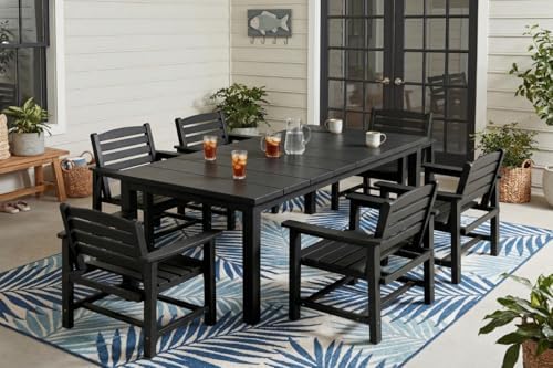 Perli™ 7-Piece Outdoor Dining Set, All-Weather HDPE Patio Furniture with 6 Ergonomic Chairs & Large Table, Built-in Umbrella Hole, UV-Resistant Set for Backyard, Deck, Poolside, Black by PatioKingdom