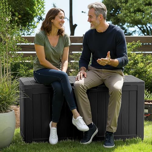 ROJIK Outdoor Storage Housing Deck Box - Waterproof Patio Furniture, Garden Tools, Cushions, Pool Accessories Storage Bench with Lockable Lid and Side Handles (Black 76 Gal) - Image 7