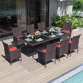 ALAULM 10 Piece Patio Dining Set All-Weather Wicker Outdoor Dining Table and Chairs w/Tempered Glass Tabletop, Removable Cushions and Umbrella Hole for Patio, Backyard, Garden, Poolside (Red) by ALAULM