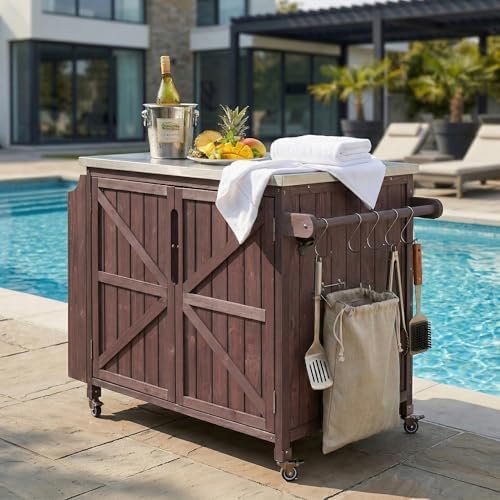 42.1" Outdoor Kitchen Island with Side Shelf and Stainless Top, Dark Brown - Image 4
