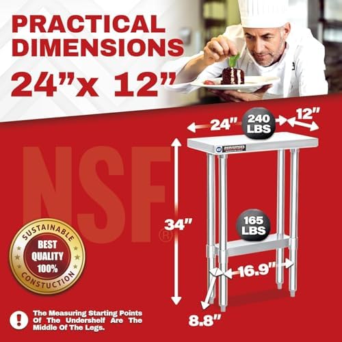 DuraSteel 24x12 Stainless Steel Work Table - NSF Commercial Prep Metal Table - Outdoor Pizza Oven Stand w/Under Shelf - Kitchen Island Laundry Utility Garage Microwave Stand Large Rolling Storage Cart - Image 2