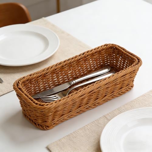 Wicker Silverware Basket, Long Narrow Basket, Small Wicker Bread Cracker Baskets, Stackable Woven Storage Baskets for Spoons Forks Knives Stationery (Rectangle) - Image 3