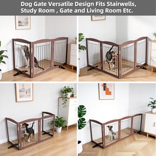 ZJSF Freestanding Dog Fence Indoor, Foldable Dog Gate for Doorways, Stairs or Hallways, Sturdy Wood Extra Wide Pet Gate with Support Feet for The House, Brown, 32 "Height-3 Panels - Image 4