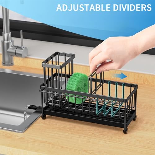 Cisily Sponge Holder for Kitchen Sink, Sink Caddy Organizer with High Brush Holder, Kitchen Countertop Organizers and Storage Essentials, Rustproof 304 Stainless Steel (Black with Towel Rack, 9.25″) - Image 6
