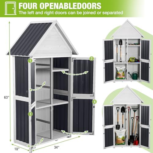 GUTINNEEN Outdoor Storage Cabinet, Wood & Metal Frame Garden Storage Shed with Waterproof Plastic Roof, Adjustable Shelves, Raised Base, Weather-Resistant Tool Shed for Backyard, Patio & Lawn, 67.5"H - Image 6