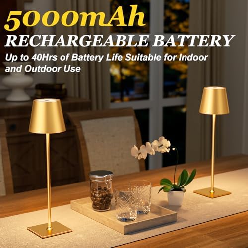 Kakanuo Gold Cordless Rechargeable Table Lamp 5000mAh Battery Operated Lamps, 3 Colors Stepless Dimming Touch Lamp for Dining, Living Room, Outdoor Patio, Kitchen Counter, 4 Pack - Image 3