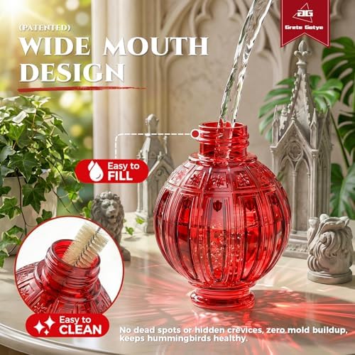 2 Pack Glass Hummingbird Feeder for Outdoors Hanging, Bird Nectar Feeder with Perch & 5 Flower Feeding Ports, 26 Oz Leak Proof for Outside Garden Decor Backyard, Gifts for Women Mom, Red + Pink - Image 3