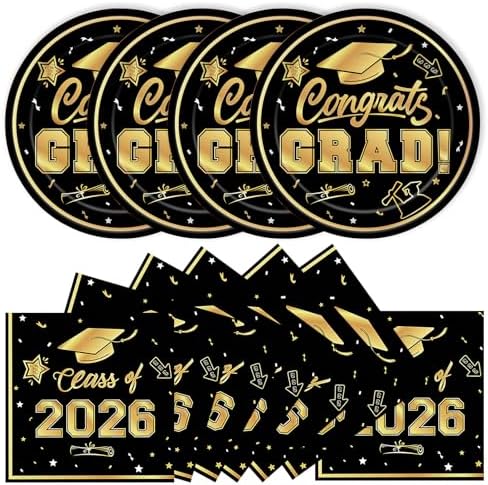 40Pcs Graduation Plates and Napkins 2026 Party Supplies, Class Of 2026 Disposable Black Gold Tableware Set for Congrats Grad Party Decorations (Graduation) by Unknown
