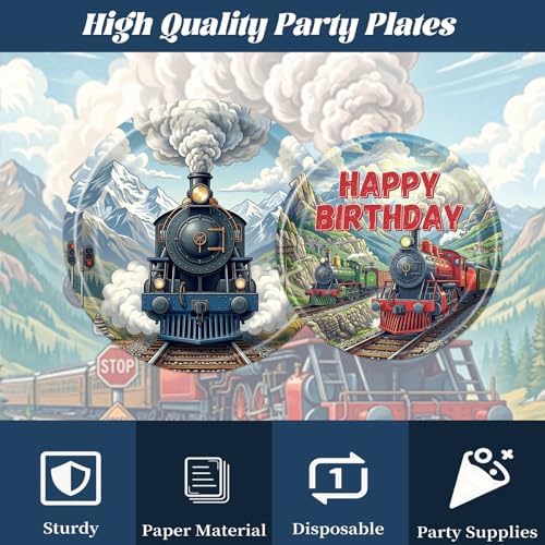 Train Birthday Party Decorations, 96PCS Vintage Train Themed Disposable Paper Plates and Napkins Decorations Sets, Retro Trains Disposable Forks Tableware Supplies Serves 24 - Image 4