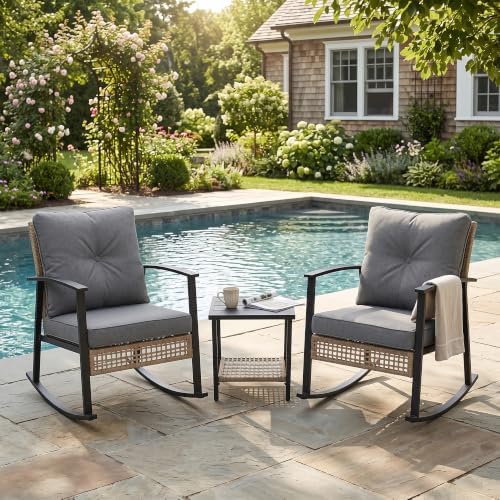 TARKARI 3-Piece Patio Rocking Chairs Set of 2, Rocking Chair Bistro Set [Upgraded 2.0] & 2-Tier Coffee Table, Wicker Rocking Chair Outdoor Patio Furniture Set for Backyard, Porch, Balcony (Grey) by Home