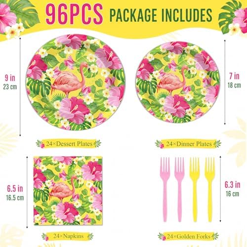 96PCS Hawaiian Luau Party Paper Plates and Napkins Hawaiian Party Supplies Summer Hibiscus Plates Tropical Aloha Palm Leaves Disposable Tableware Set for Beach Pool Birthday Baby Shower Decorations - Image 2