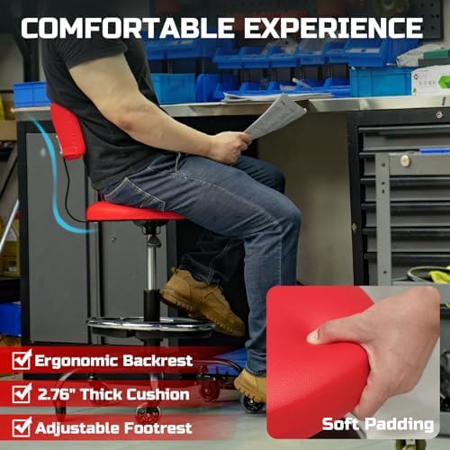Rolling Shop Stool with Wheels, Garage Mechanic Stool Chair with Backrest, Height Adjustable Heavy Duty Swivel Task Chair, Adjustable Footrest with Storage Tray for Garage Kitchen Salon Tattoo (Red) - Image 4