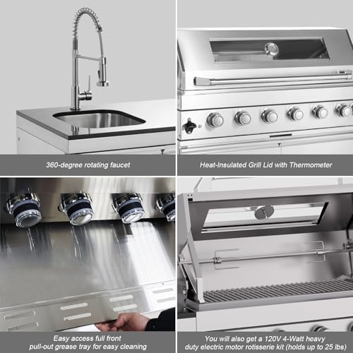 Outdoor Kitchen Island, 96 Inch 6 Burner Gas Grill Combination With Refrigerator and Sink, Outdoor Stainless Steel Barbecue Bar, Natural Gas Barbecue Grill 85000 BTU for Patios, Gardens, Parties - Image 5