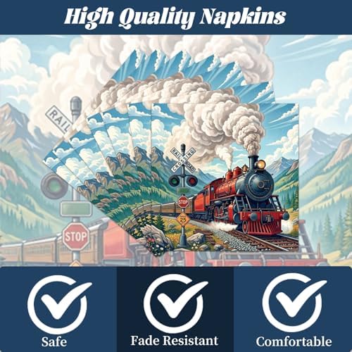 Train Birthday Party Decorations, 96PCS Vintage Train Themed Disposable Paper Plates and Napkins Decorations Sets, Retro Trains Disposable Forks Tableware Supplies Serves 24 - Image 3
