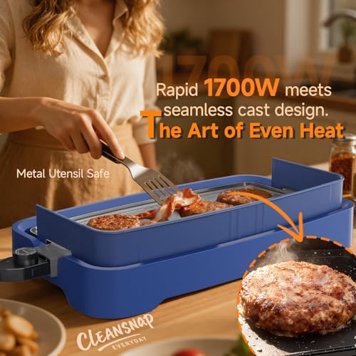 Cleansnap Everyday Electric Griddle,The Ultimate Gift for Family Feasts - 20” Nonstick Grill with Foldable Anti-Mess Shield, Rapid 1700W Heat&PPG Ceramic Coating, Dishwasher Safe, Ocean Blue - Image 5