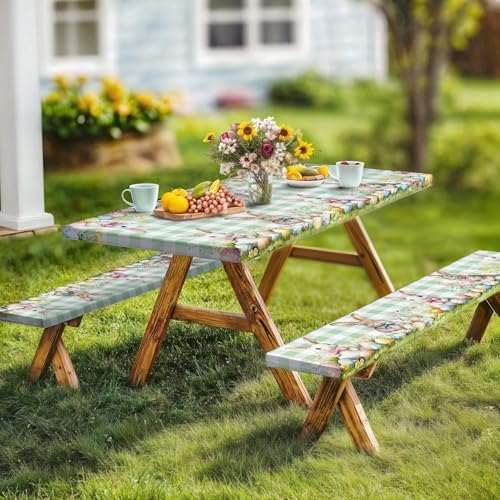 Easter Picnic Table Cover with Bench Covers, Camping Essentials, Easter Buffalo Plaid Rabbit Eggs Flower Outdoor Table Covers, Waterproof, Fitted Tablecloth Cover with Elastic Edge, 3 PCS, 30x96 Inch - Image 2