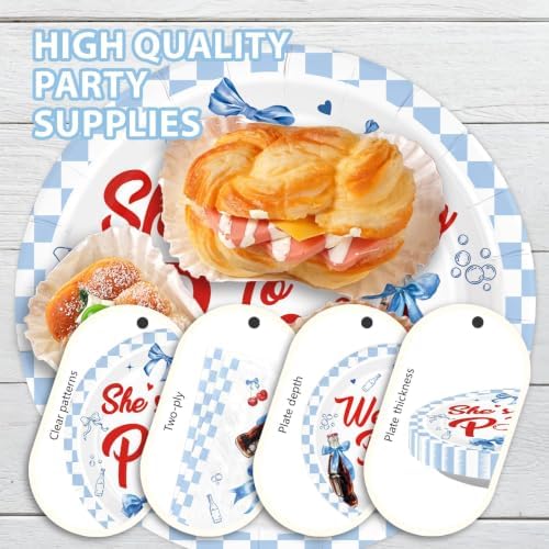96Pcs She's Ready to Pop Baby Shower Party Decorations Soda Pop Drink Plates and Napkins Blue White Bow Plaid Disposable Paper Tableware Set for Girls Boys Baby Shower Party Supplies Serves 24 - Image 6