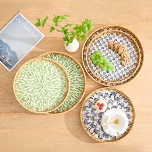 Round Rattan Tray with Mother of Pearl Inlay, Rattan Serving Tray with Wooden Base, Decorative Wicker Basket for Table Decor, Storage and Display of Coffee Bread Food Fruit (Leaf 13.5") - Image 6