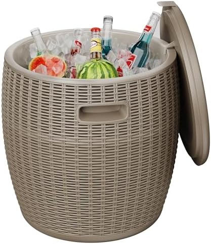 EasyUp 9.5 Gallon Outdoor Cooler Table, Wicker Round Ice Bucket for Parties, Rattan Bar Table with Top Lid Side Handles Drainage Plug, Beer Wine Cooler Side Tables for Patio, Poolside, Deck, Grey by EASYUP