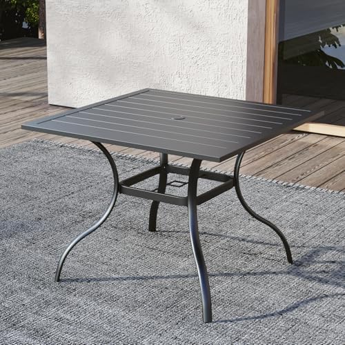 35" Square Metal Patio Dining Table with Slat Top and Umbrella Hole - Black by Anmutig