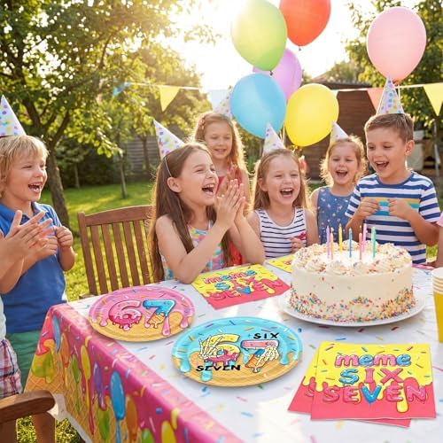 6 7 Birthday Decorations,40Pcs Colorful Donut Ice Cream Theme Six Seven Tableware,Disposable Paper Plates and Napkins Set for Kids Teens Meme Lovers Viral Six Seven Birthday Party Supplies,Serve 20 - Image 7