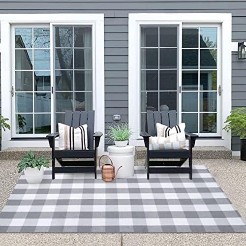 IOHOUZE 4x6 Buffalo Plaid Outdoor Rug, Washable Front Porch, Grey White - Image 5