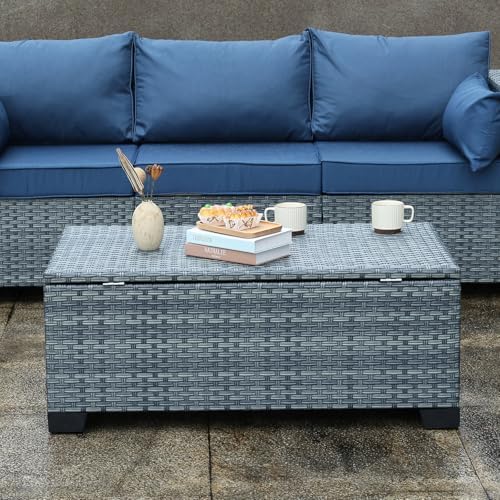 Outdoor Storage Table Wicker Patio Coffee Table All-Weather Rattan Side Table with Waterproof Cover, Grey - Image 4
